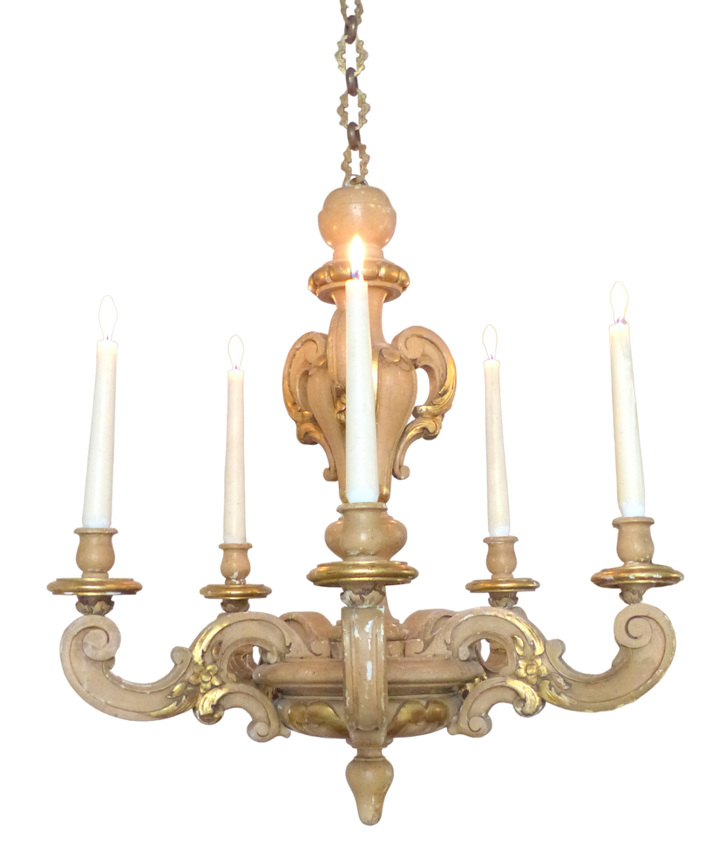 Gorgeous Vintage Italian 5 Arms Gilded Carved Wood Chandelier Candlestick 1950