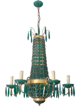 Load image into Gallery viewer, Gorgeous Green Emerald Glass Murano Gilt brass Chandelier Ceiling RARE 1930