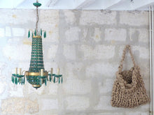 Load image into Gallery viewer, Gorgeous Green Emerald Glass Murano Gilt brass Chandelier Ceiling RARE 1930