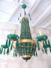 Load image into Gallery viewer, Gorgeous Green Emerald Glass Murano Gilt brass Chandelier Ceiling RARE 1930