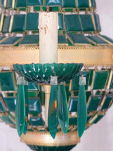 Load image into Gallery viewer, Gorgeous Green Emerald Glass Murano Gilt brass Chandelier Ceiling RARE 1930
