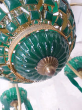 Load image into Gallery viewer, Gorgeous Green Emerald Glass Murano Gilt brass Chandelier Ceiling RARE 1930