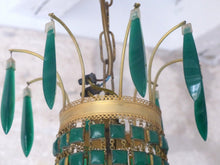 Load image into Gallery viewer, Gorgeous Green Emerald Glass Murano Gilt brass Chandelier Ceiling RARE 1930
