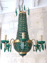 Load image into Gallery viewer, Gorgeous Green Emerald Glass Murano Gilt brass Chandelier Ceiling RARE 1930