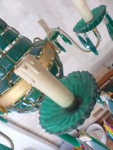 Load image into Gallery viewer, Gorgeous Green Emerald Glass Murano Gilt brass Chandelier Ceiling RARE 1930