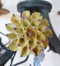 Load image into Gallery viewer, French Antique Bronze Louis XVI Chandelier Porcelain Flowers Ribbon Foliage 1900