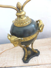 Load image into Gallery viewer, Tripod Antique Table Desk Lamp Gilded Bronze Ram Goat mask Tole 19TH Louis XVI