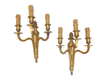 Load image into Gallery viewer, Gorgeous PAIR Antique Gilded Bronze Triple Wall light Sconce 1920 Louis XVI