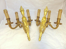 Load image into Gallery viewer, Gorgeous PAIR Antique Gilded Bronze Triple Wall light Sconce 1900 Louis XVI
