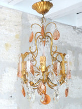 Load image into Gallery viewer, Vintage Chandelier Pink Drops Flowers Prisms Beads 1950 Italian Gilded 4 Lights