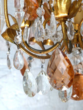 Load image into Gallery viewer, Vintage Chandelier Pink Drops Flowers Prisms Beads 1950 Italian Gilded 4 Lights