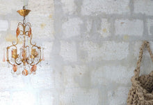 Load image into Gallery viewer, Vintage Chandelier Pink Drops Flowers Prisms Beads 1950 Italian Gilded 4 Lights