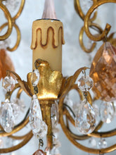Load image into Gallery viewer, Vintage Chandelier Pink Drops Flowers Prisms Beads 1950 Italian Gilded 4 Lights