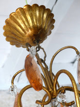 Load image into Gallery viewer, Vintage Chandelier Pink Drops Flowers Prisms Beads 1950 Italian Gilded 4 Lights
