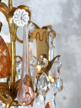 Load image into Gallery viewer, Vintage Chandelier Pink Drops Flowers Prisms Beads 1950 Italian Gilded 4 Lights