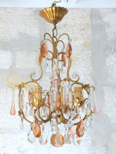 Load image into Gallery viewer, Vintage Chandelier Pink Drops Flowers Prisms Beads 1950 Italian Gilded 4 Lights