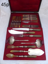 Load image into Gallery viewer, 19TH Antique French Horn Handled 45pc Table Fruits Knife Serving Set Silver Box

