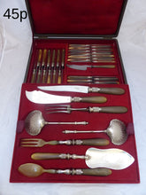 Load image into Gallery viewer, 19TH Antique French Horn Handled 45pc Table Fruits Knife Serving Set Silver Box