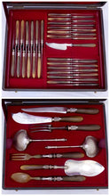 Load image into Gallery viewer, 19TH Antique French Horn Handled 45pc Table Fruits Knife Serving Set Silver Box