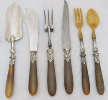 Load image into Gallery viewer, 19TH Antique French Horn Handled 45pc Table Fruits Knife Serving Set Silver Box