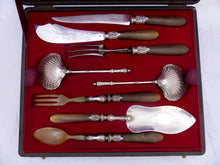 Load image into Gallery viewer, 19TH Antique French Horn Handled 45pc Table Fruits Knife Serving Set Silver Box