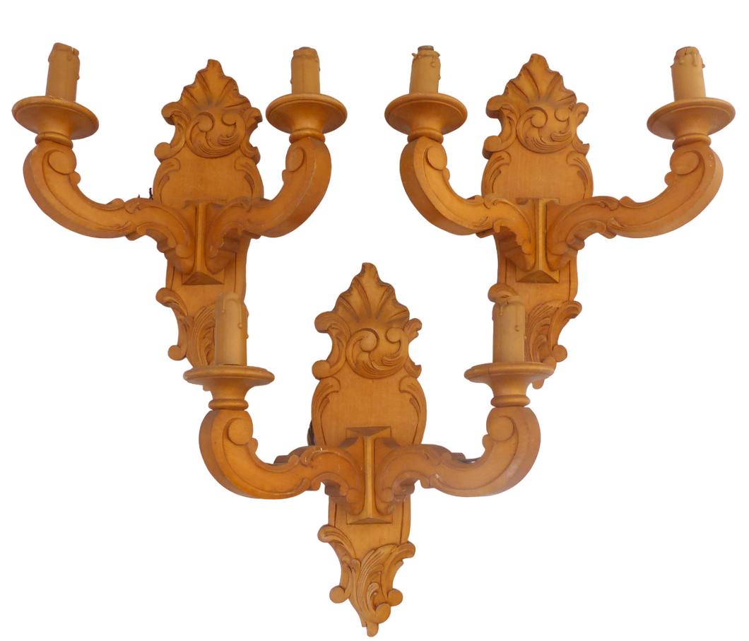 Vintage Set 3x French Carved Wood Shell Rococo Wall Light Sconce Louis XV Rare