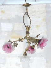 Load image into Gallery viewer, 19TH Excpt French Gilded Bronze Louis XVI  Chandelier 4 fires Rare Pink Shades

