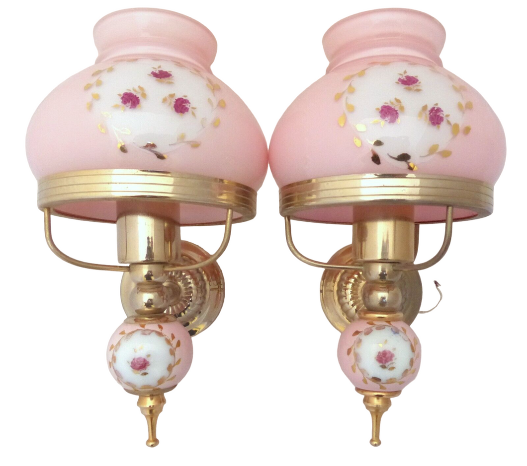 Charming PAIR vintage 1970 Opaline Glass Floral Wall Lights Sconces Gilded Pink2