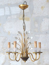 Load image into Gallery viewer, BANCI Firenze Gorgeous Mid-Century Gilt Iron Floral Chandelier Crystal 5 Fires