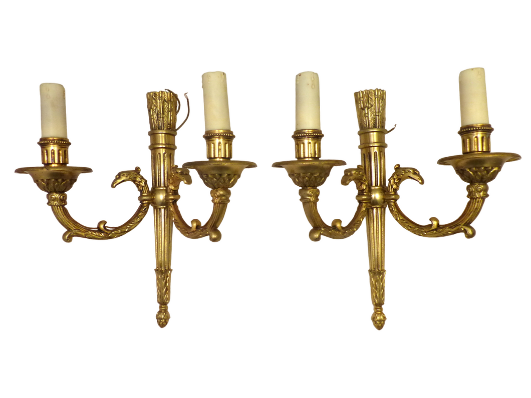 Vintage PAIR French Empire Wall Light Sconce 2 Lights Torch Gilded Bronze 1950