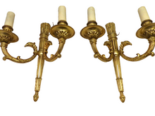 Load image into Gallery viewer, Vintage PAIR French Empire Wall Light Sconce 2 Lights Torch Gilded Bronze 1950