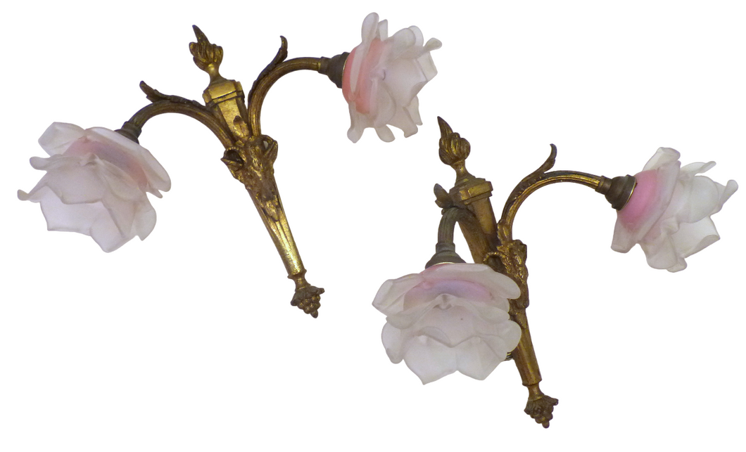 Antique PAIR French Gilded Bronze RAM Deco Wall Light Sconce LouisXVI Pink Shade