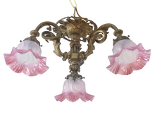 Load image into Gallery viewer, 19TH Charming French Gilded Bronze Louis XV Rococo Chandelier 3 fires Shades
