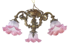 Load image into Gallery viewer, 19TH Charming French Gilded Bronze Louis XV Rococo Chandelier 3 fires Shades