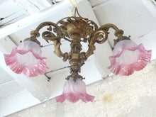 Load image into Gallery viewer, 19TH Charming French Gilded Bronze Louis XV Rococo Chandelier 3 fires Shades