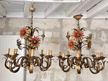 Load image into Gallery viewer, PAIR Large Chandelier Ceiling 70's Sunflower Hollywood Regency Mid Century KOGL