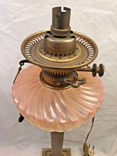 Load image into Gallery viewer, XL BACCARAT Pink Bamboo & HINKS Corinthian Bronze Mount Kerosene Oil Lamp 19TH