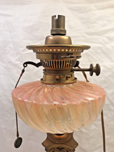 Load image into Gallery viewer, XL BACCARAT Pink Bamboo & HINKS Corinthian Bronze Mount Kerosene Oil Lamp 19TH