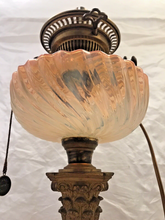 Load image into Gallery viewer, XL BACCARAT Pink Bamboo & HINKS Corinthian Bronze Mount Kerosene Oil Lamp 19TH