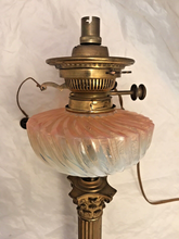 Load image into Gallery viewer, XL BACCARAT Pink Bamboo & HINKS Corinthian Bronze Mount Kerosene Oil Lamp 19TH