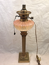 Load image into Gallery viewer, XL BACCARAT Pink Bamboo & HINKS Corinthian Bronze Mount Kerosene Oil Lamp 19TH