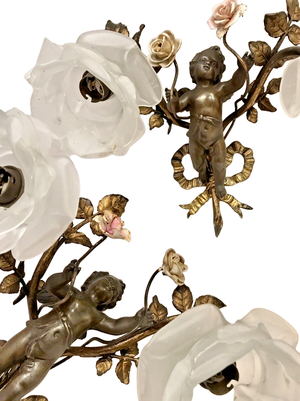 OMG Antique Pair Wall Light Sconces Bronze Angel Cherub 1900 Porcelain Flowers