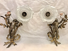 Load image into Gallery viewer, OMG Antique Pair Wall Light Sconces Bronze Angel Cherub 1900 Porcelain Flowers
