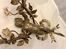 Load image into Gallery viewer, OMG Antique Pair Wall Light Sconces Bronze Angel Cherub 1900 Porcelain Flowers
