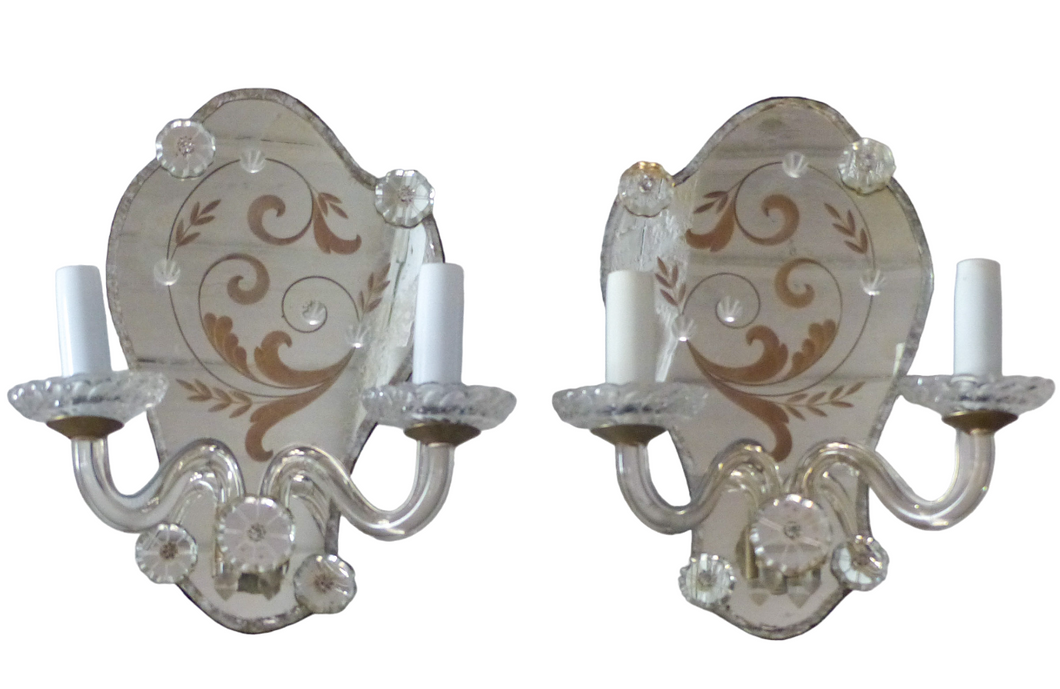 Gorgeous Antique Pair Sconce Wall Light Mirror 1880 Crystal cups Venetian Murano