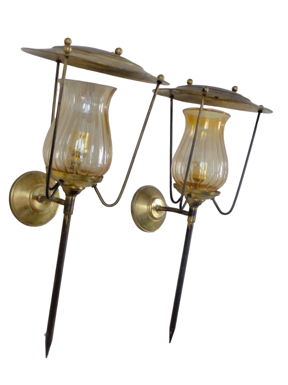 Vintage French Pair Brass Torch Wall Lights sconce Glass Lamp Pearly Shade 70's