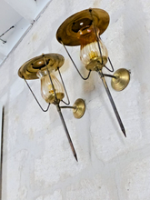 Load image into Gallery viewer, Vintage French Pair Brass Torch Wall Lights sconce Glass Lamp Pearly Shade 70&#39;s
