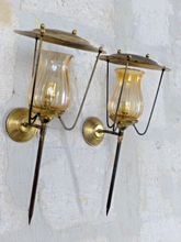Load image into Gallery viewer, Vintage French Pair Brass Torch Wall Lights sconce Glass Lamp Pearly Shade 70&#39;s
