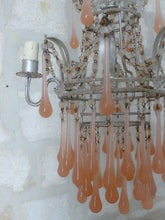Load image into Gallery viewer, Antique Chandelier Peachy PINK Opaline Drops Beads 1920 MURANO RARE 3 lights