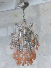 Load image into Gallery viewer, Antique Chandelier Peachy PINK Opaline Drops Beads 1920 MURANO RARE 3 lights